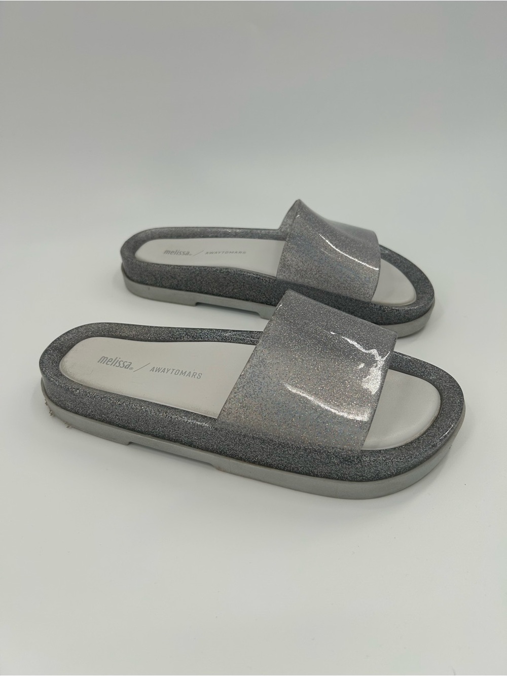 Melissa x AwayToMars Beach Slide Sandals Silver Glitter Womens 9